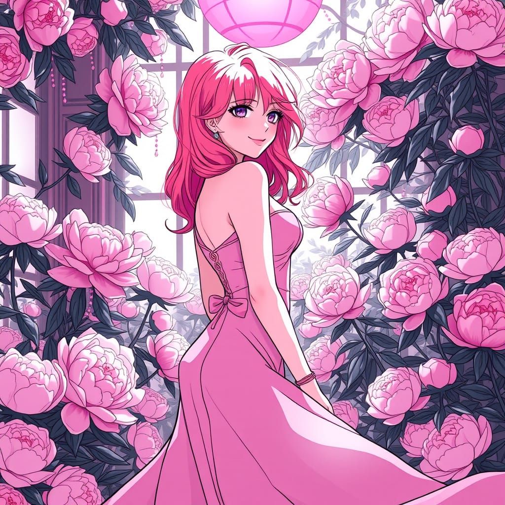 Stylized Anime Woman Smiles in Lush Peony Room