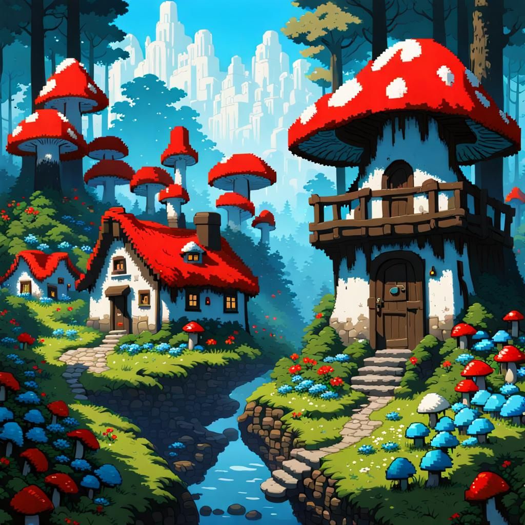 8bit pixel painting of an smurf village 🍄🛖🪴
