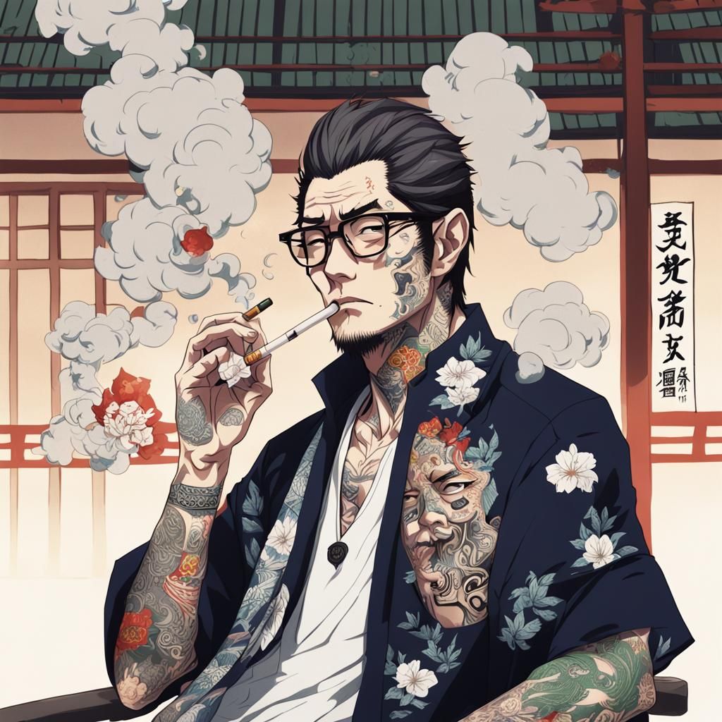 Man with Yakuza Tattoos in Anime Style