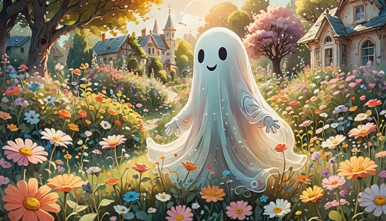 Cute Ghost in Flower Garden, Whimsical Comic Style