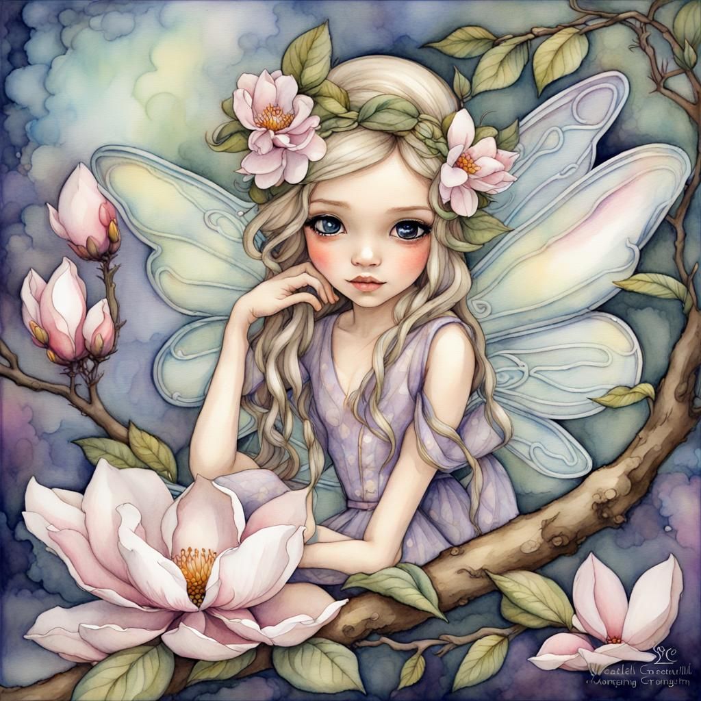 Ethereal Watercolor Fairy on Magnolia Branch