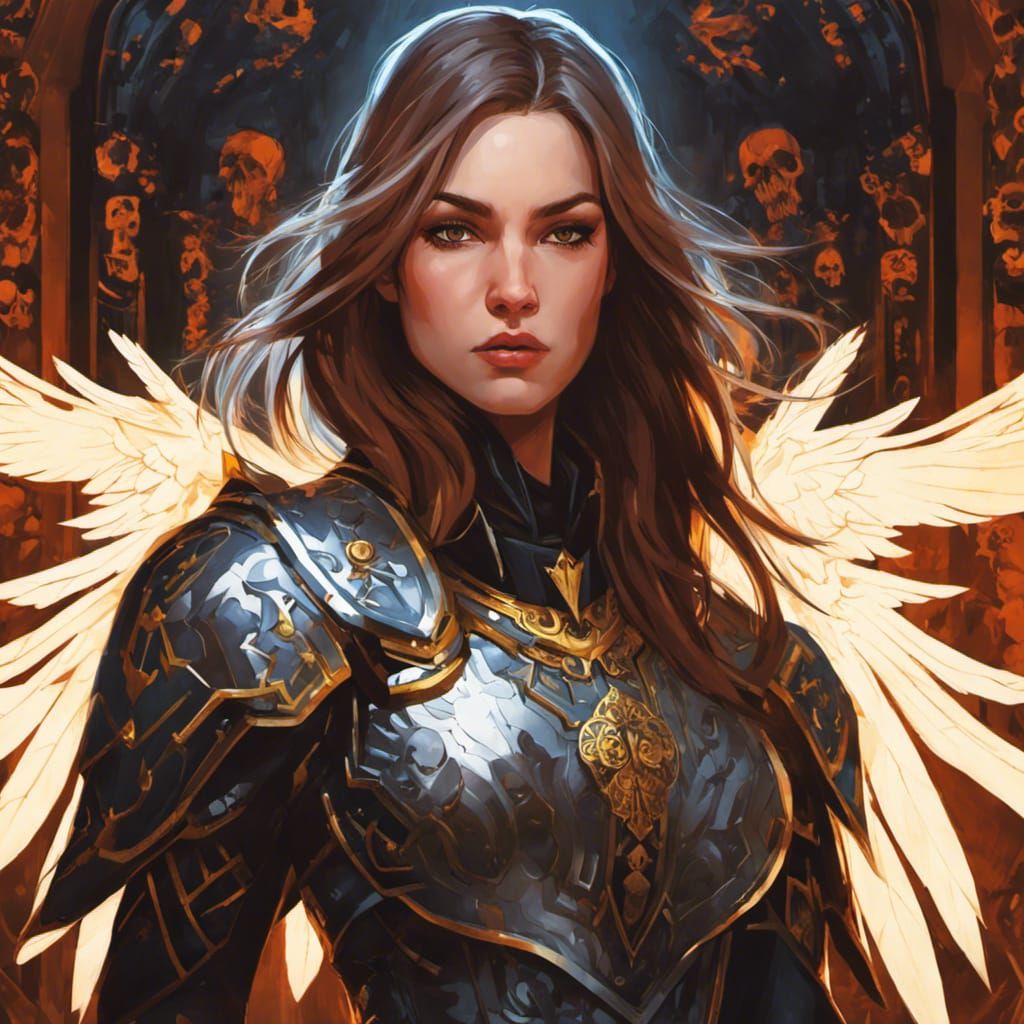 Female Paladin Portrait with Runic Skulls, Hyperdetailed Art