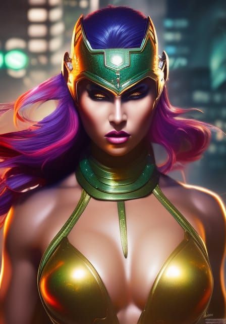 Holographic Superheroine in Graffiti Street Art Style