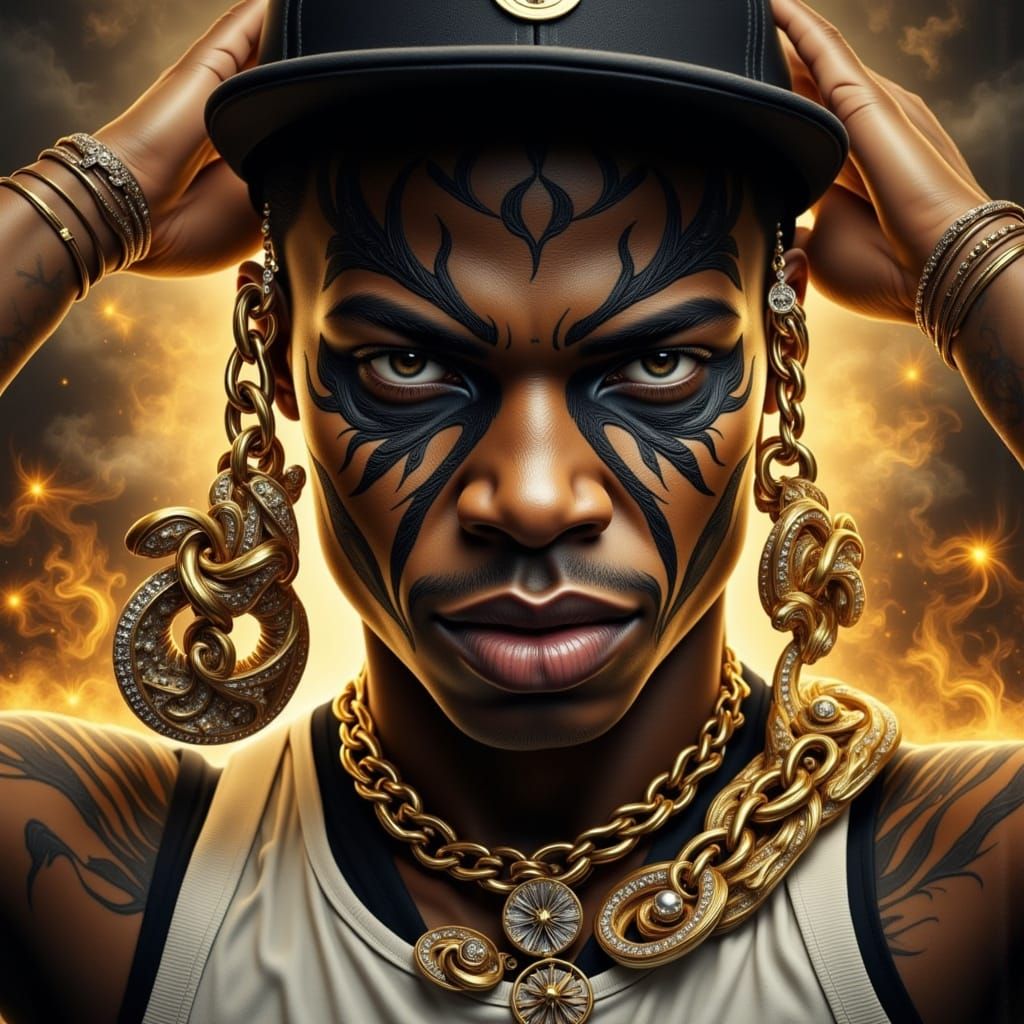 Homeboy Portrait with Intricate Line Designs and Gold Jewelr...