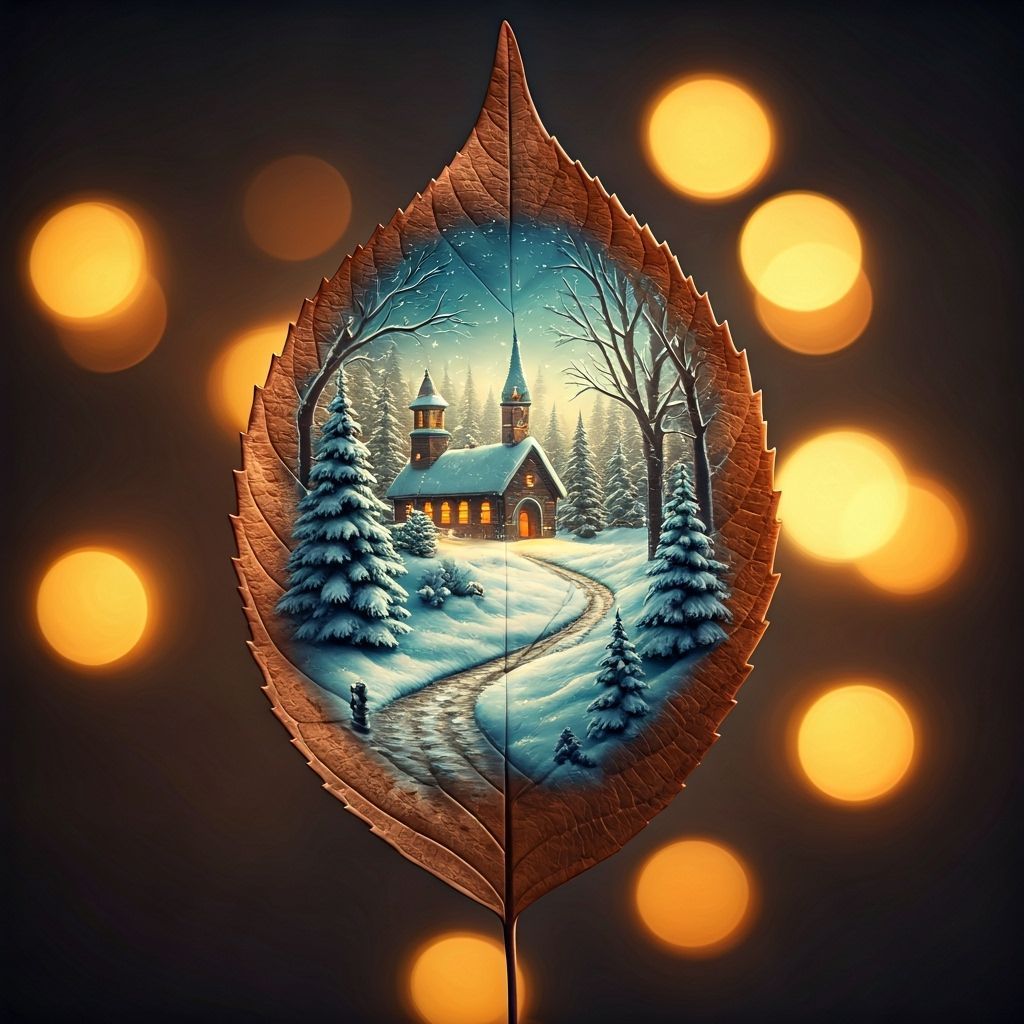 Miniature Winter Village on Autumn Leaf in Macro Photography