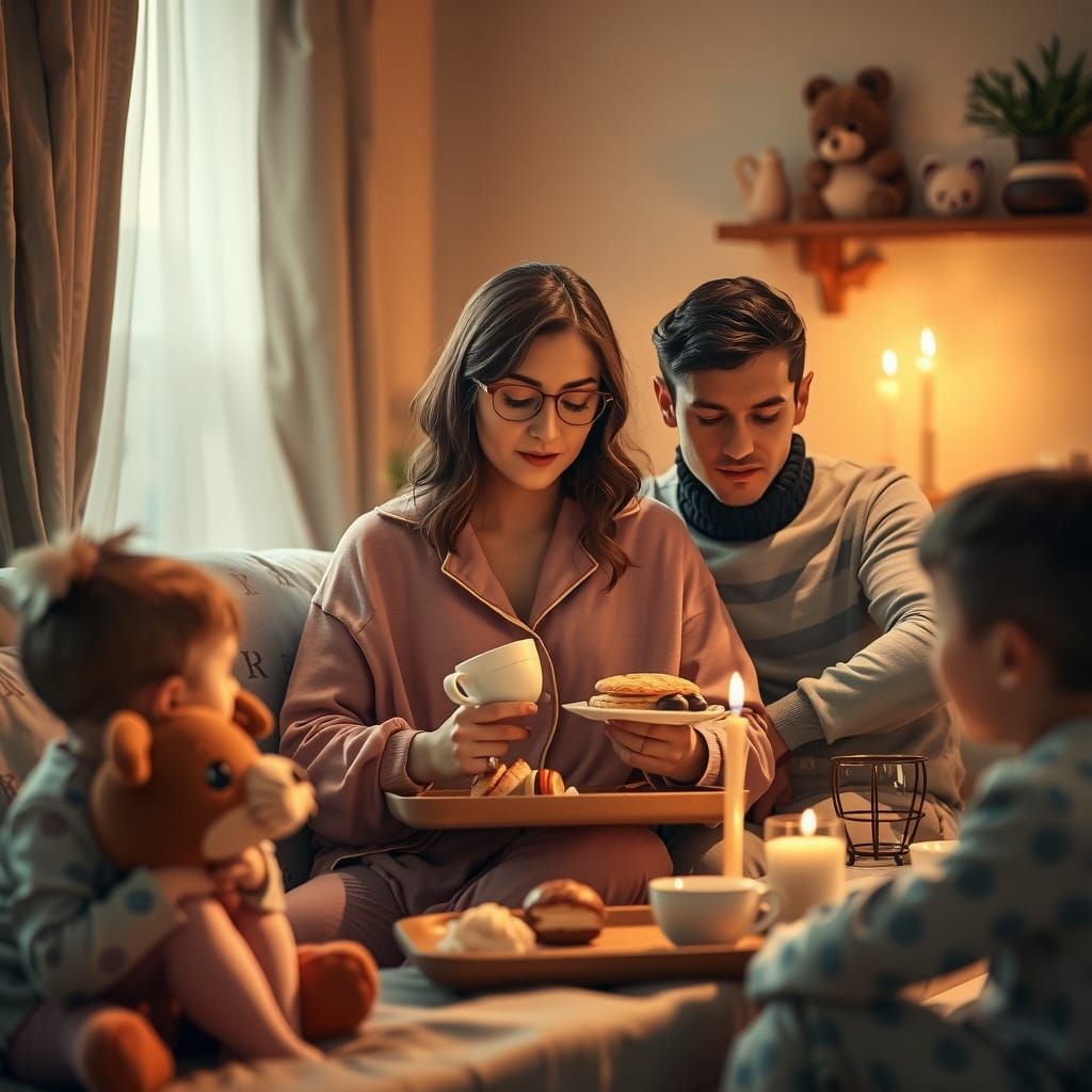 Mother Surrounded by Family in Cozy Morning Scene, in Whimsi...