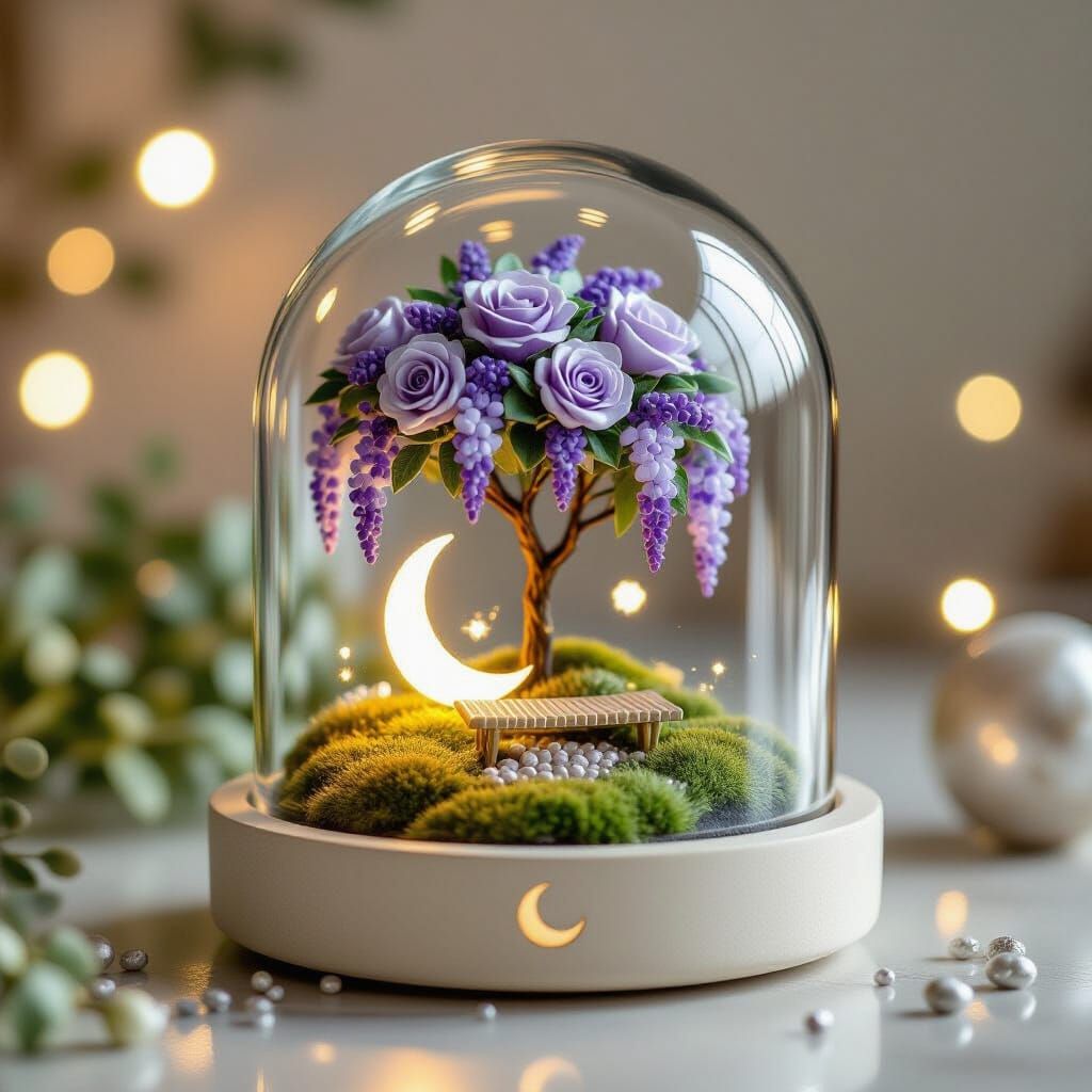 Handcrafted Glass Dome with Miniature Rose and Wisteria Art
