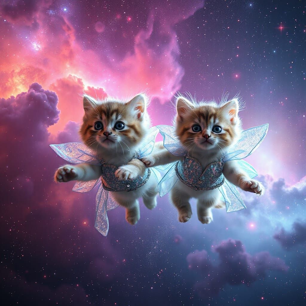 Cosmic Kittens Floating Through Nebula as Digital Art