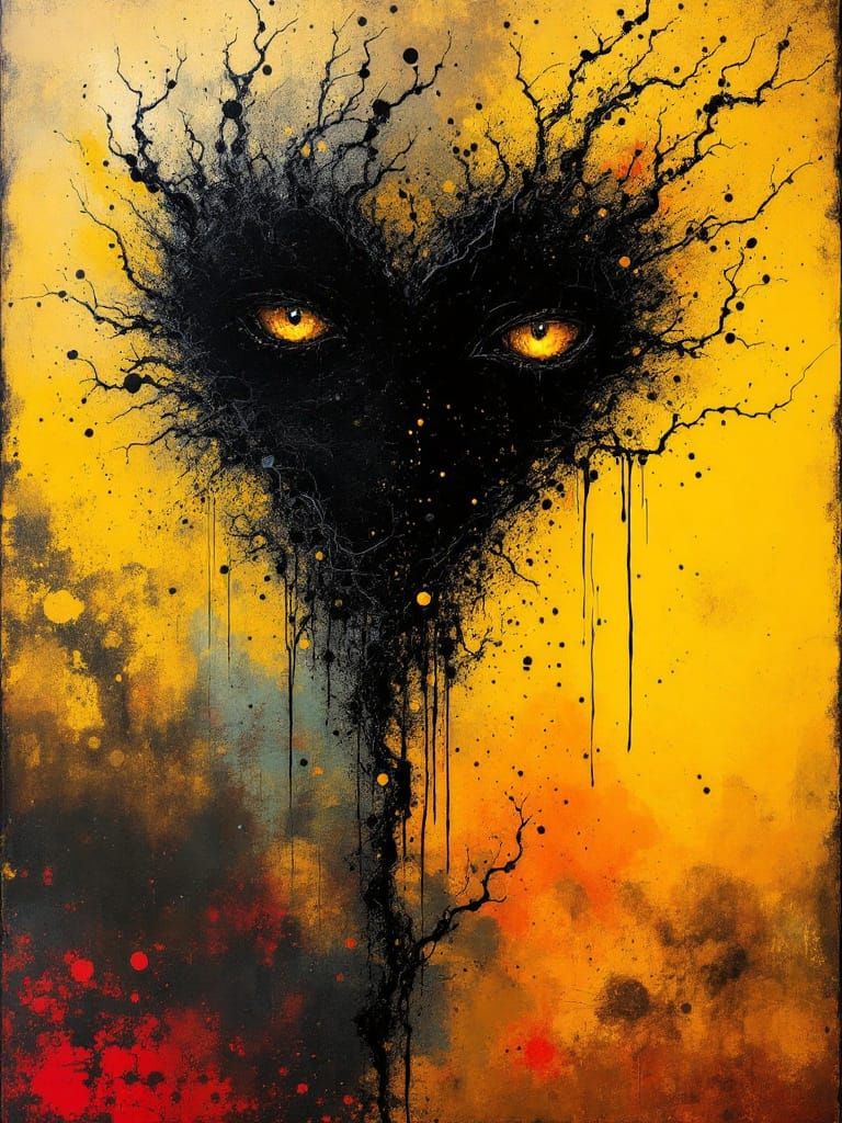 Shadowy Heart in Resin Semisculpture with Stormy Eyes