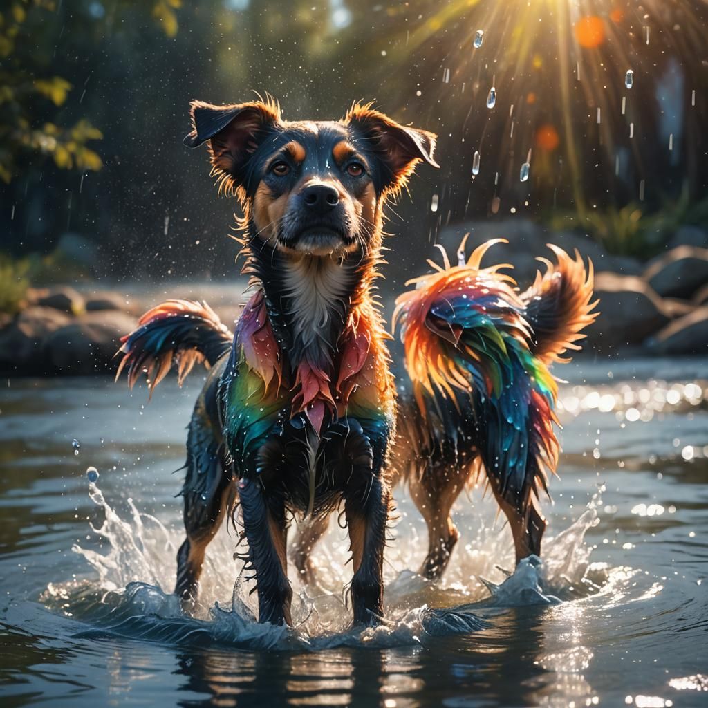 Dog Splashing in Glistening Water: Fantasy Art