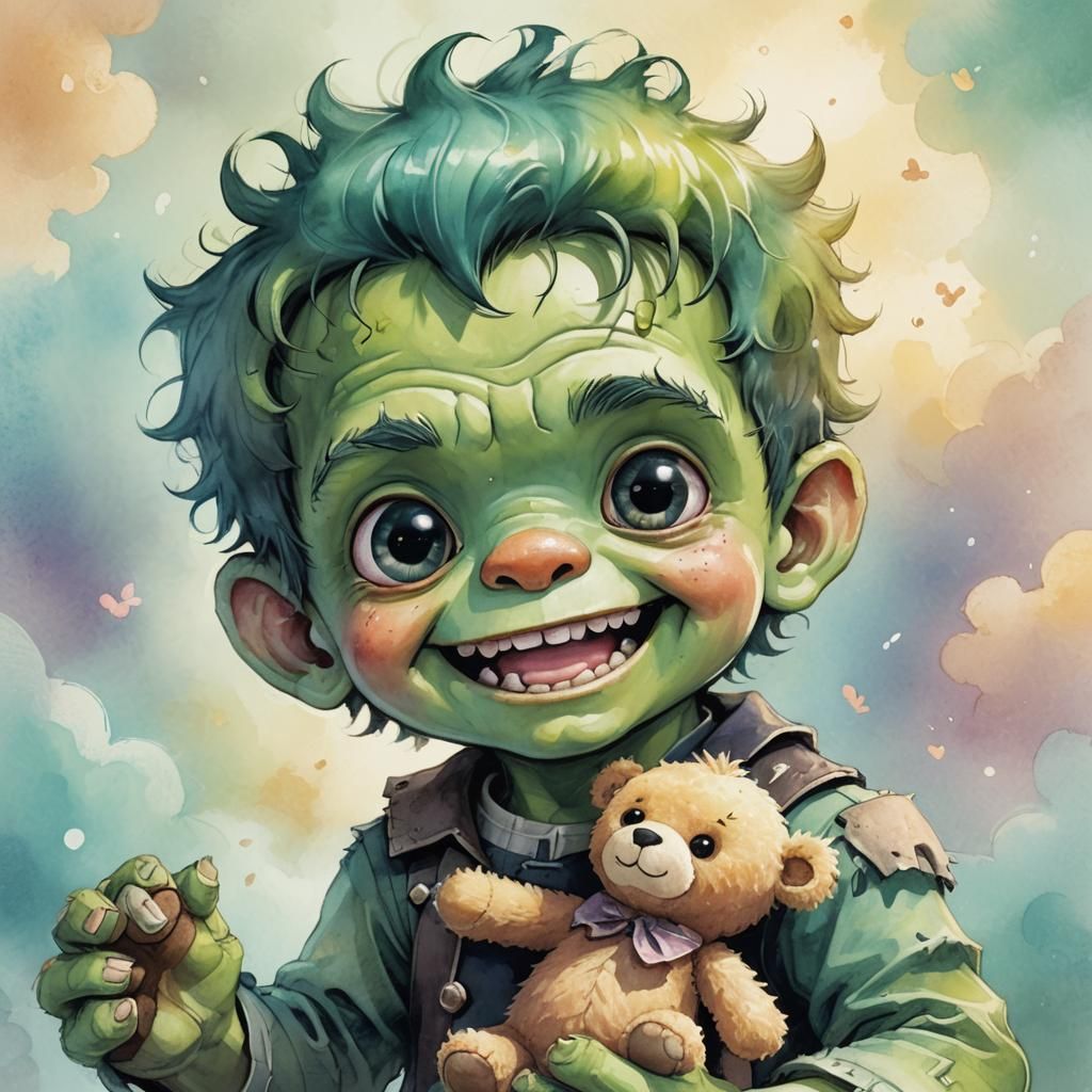 Chibi Frankenstein Monster with Teddy Bear in Watercolor