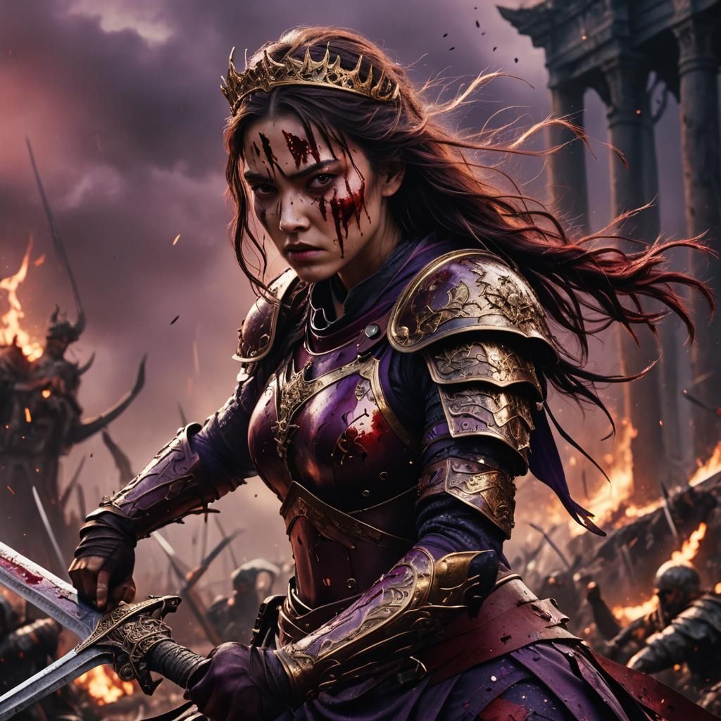 Fearless Warrior Princess in Bloody Battle: Dark Fantasy Art