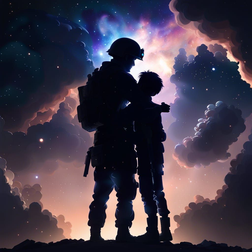 Soldier and Son Embrace Under Galaxy in Anime Style