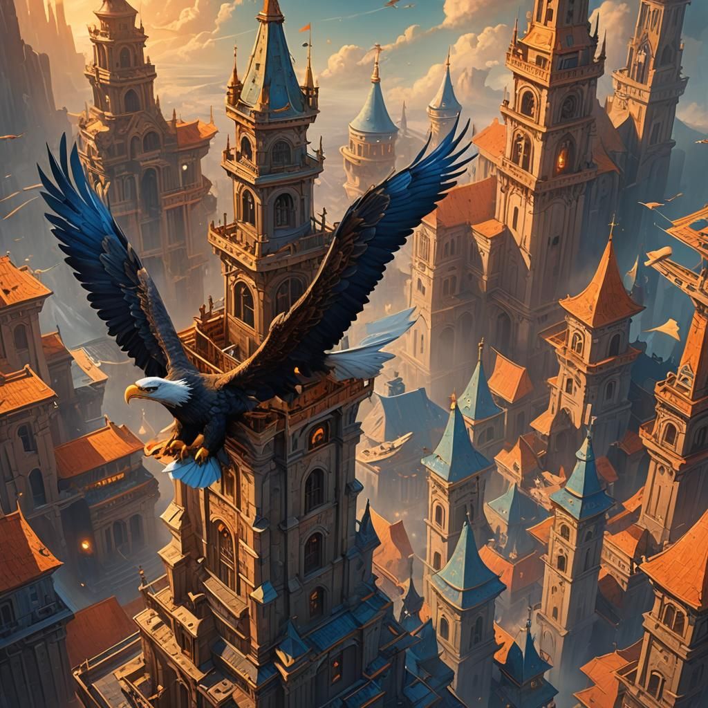 Eagle on Mystical Tower with Aeroplane, Fantasy Art
