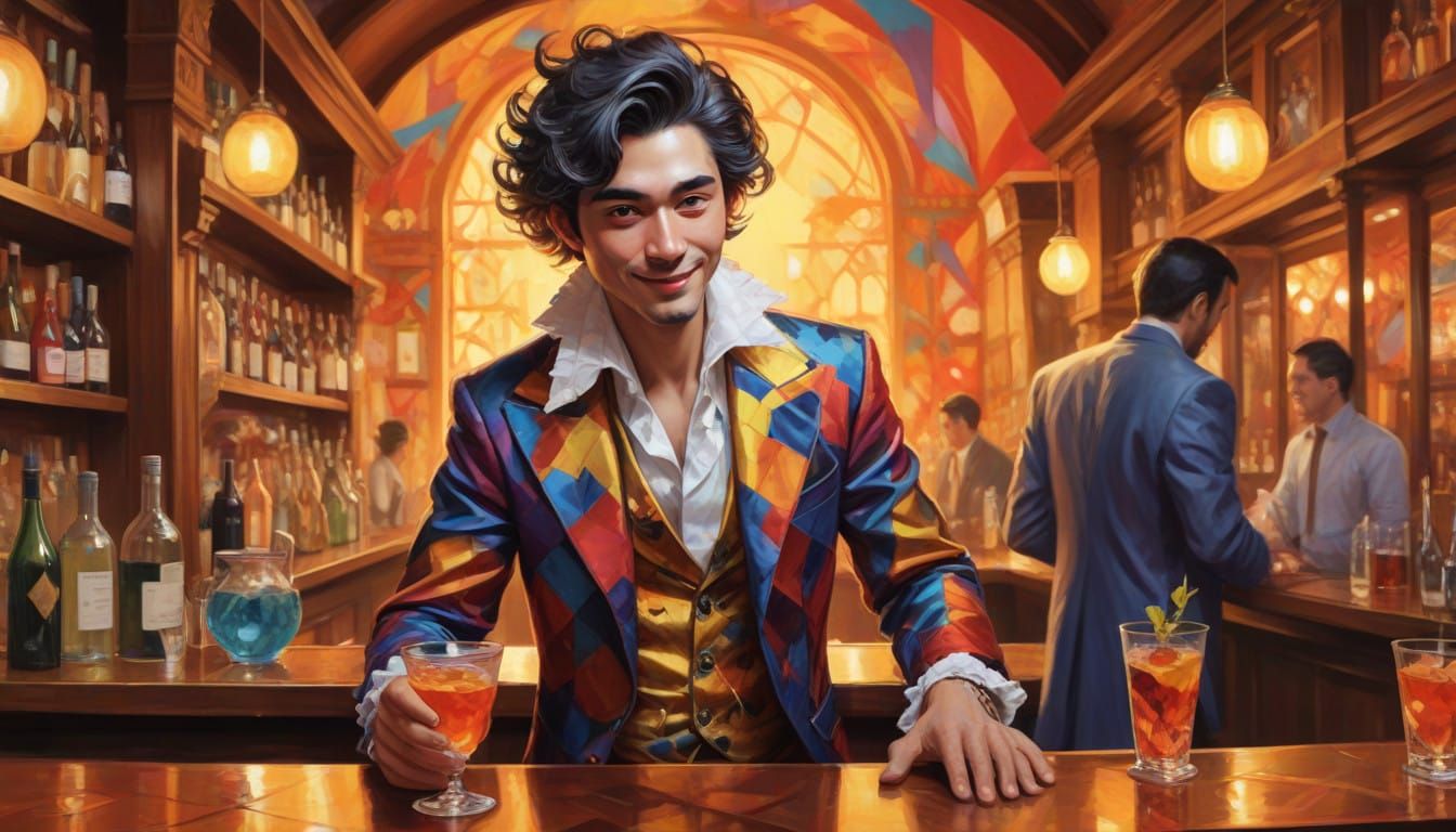 Merry Harlequin Bartender in Whimsical Fantasy Illustration ...