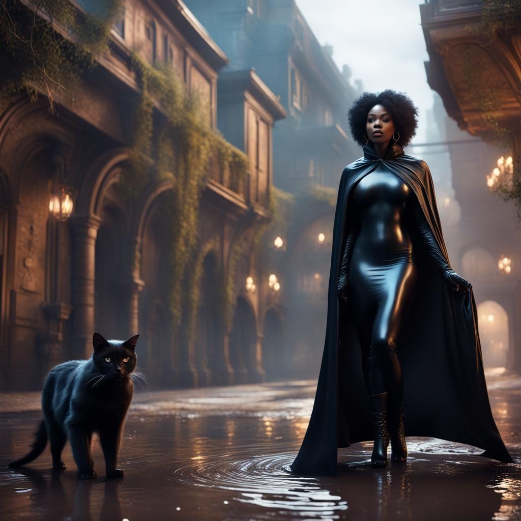 Woman in Latex Catsuit and Cape: Fantasy Art