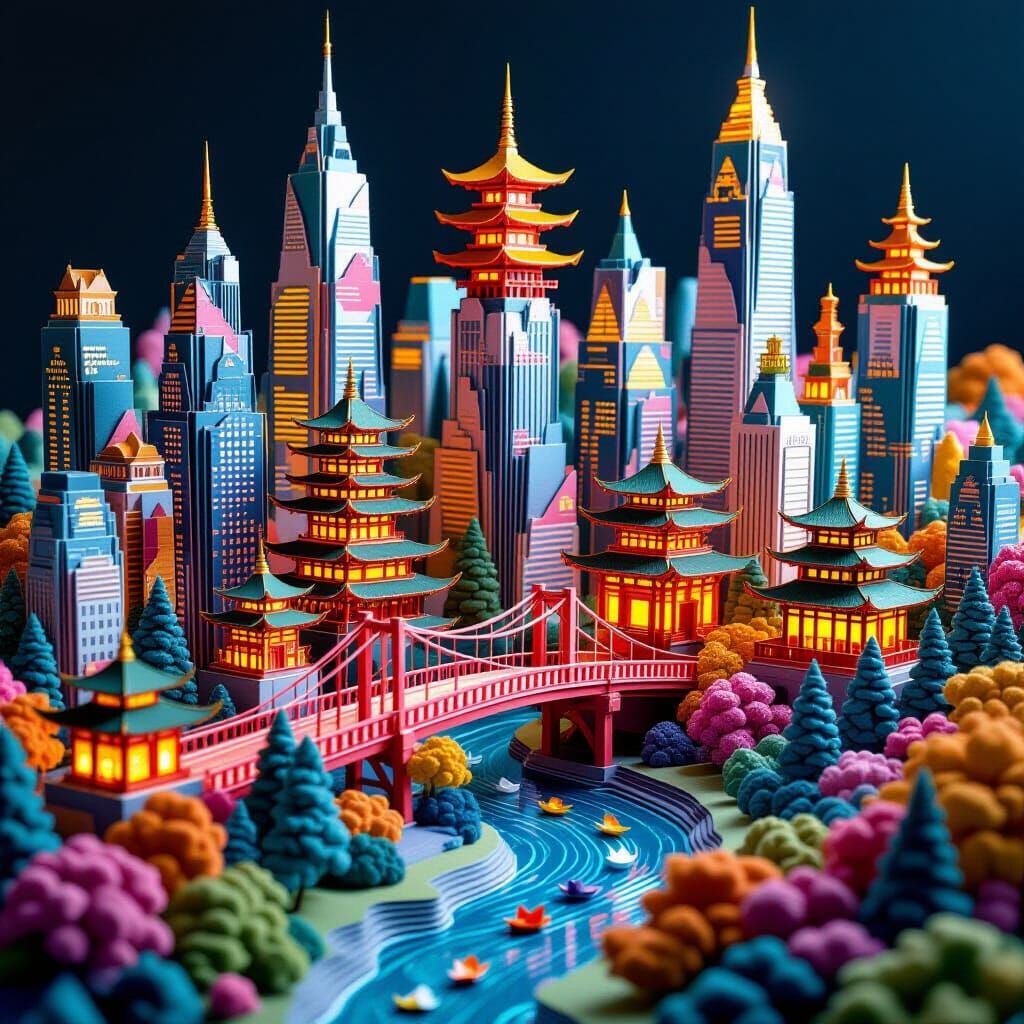 Vibrant Origami Cityscape at Night