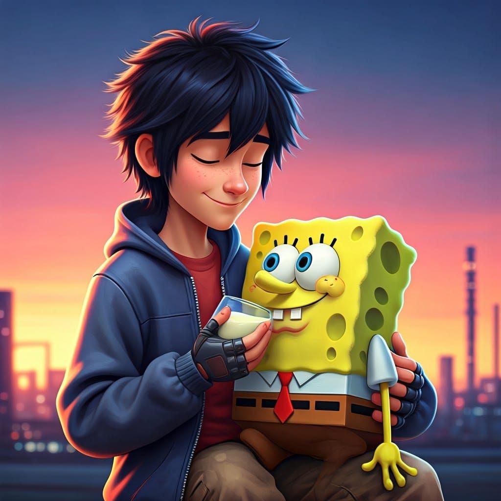 Hiro Cradles SpongeBob in Surreal 3D Rendering