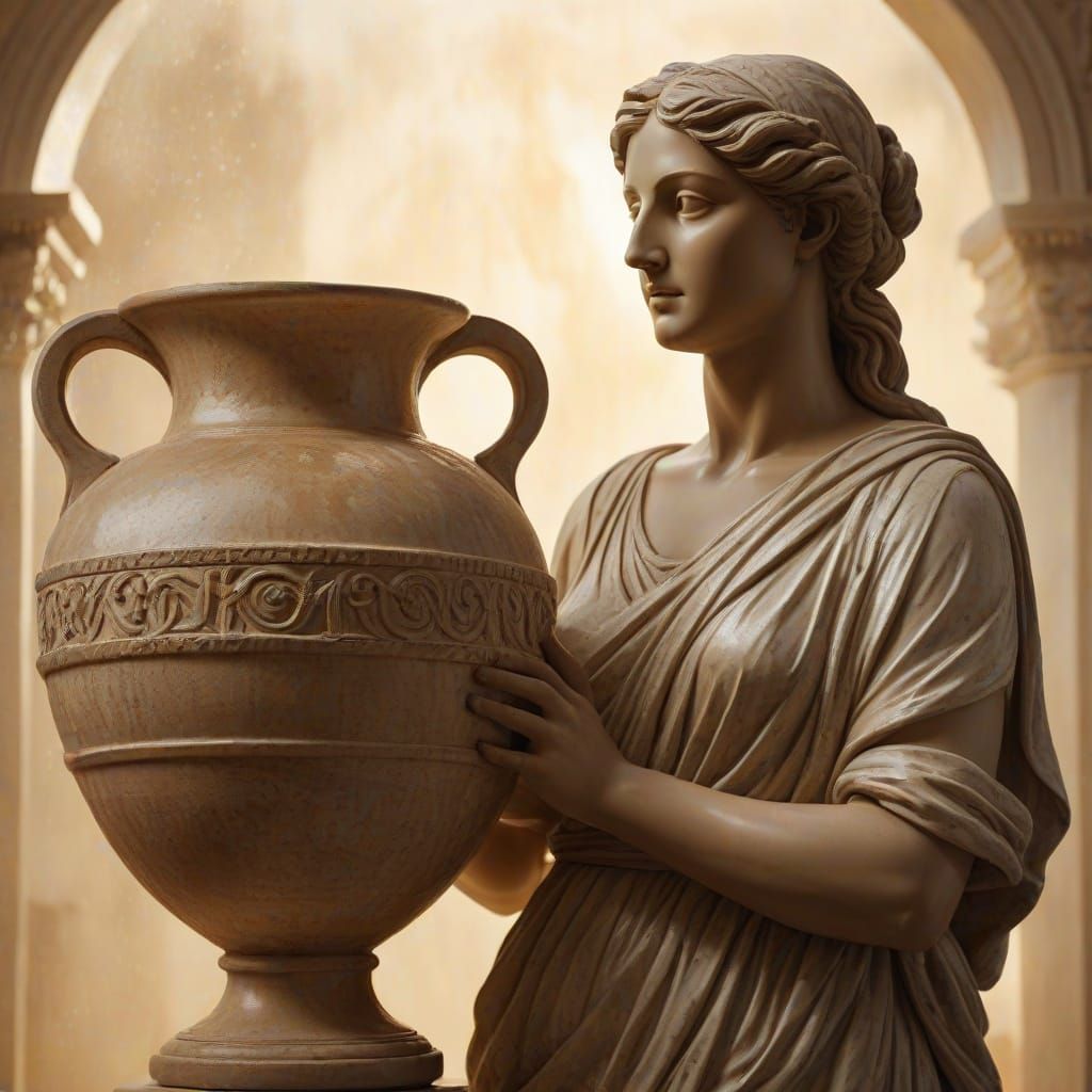 Neoclassical Greek Woman Fountain in Golden Light