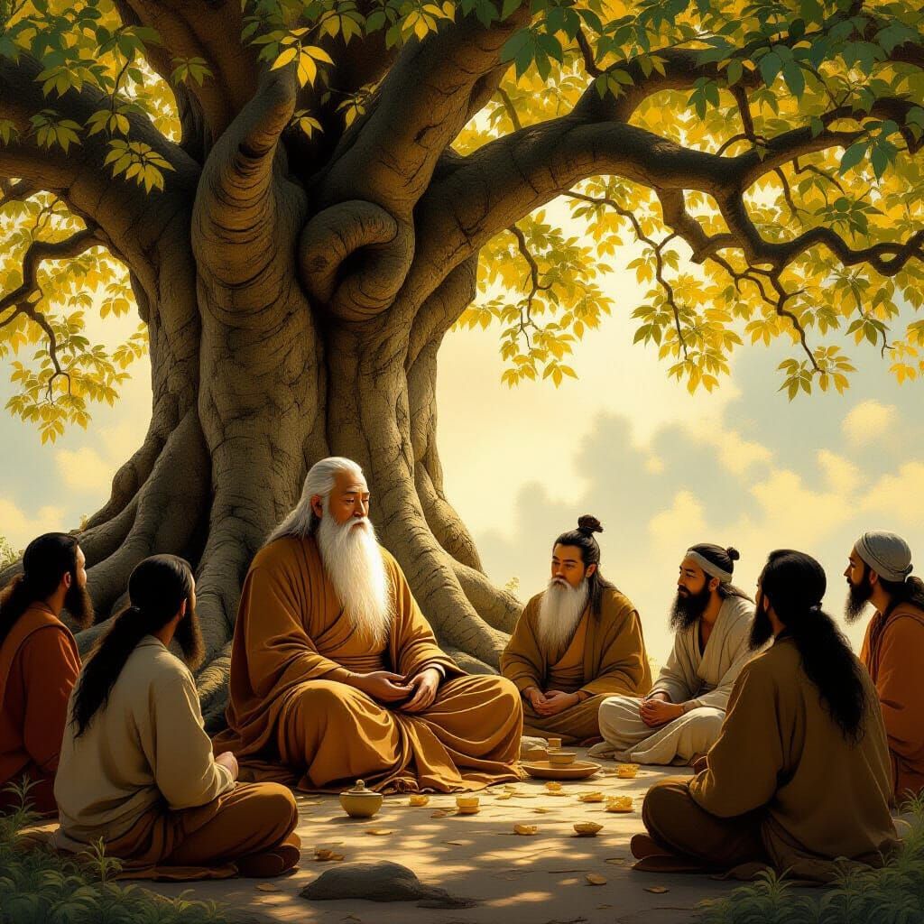 Wise Elder and Disciples Under Bodhi Tree in Renaissance Sty...