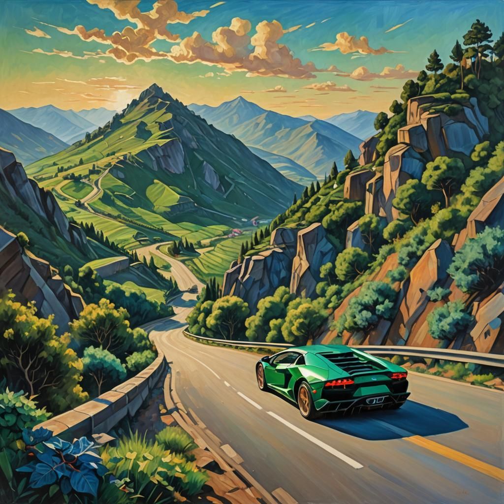 Lamborghini on Mountain Road in Expressionist Style