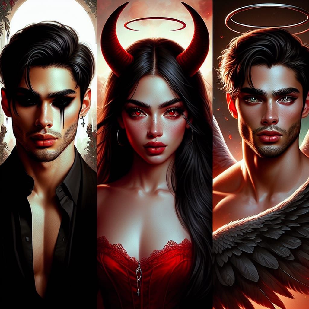 Fantasy Art: Devil, Woman in Red, and Angel