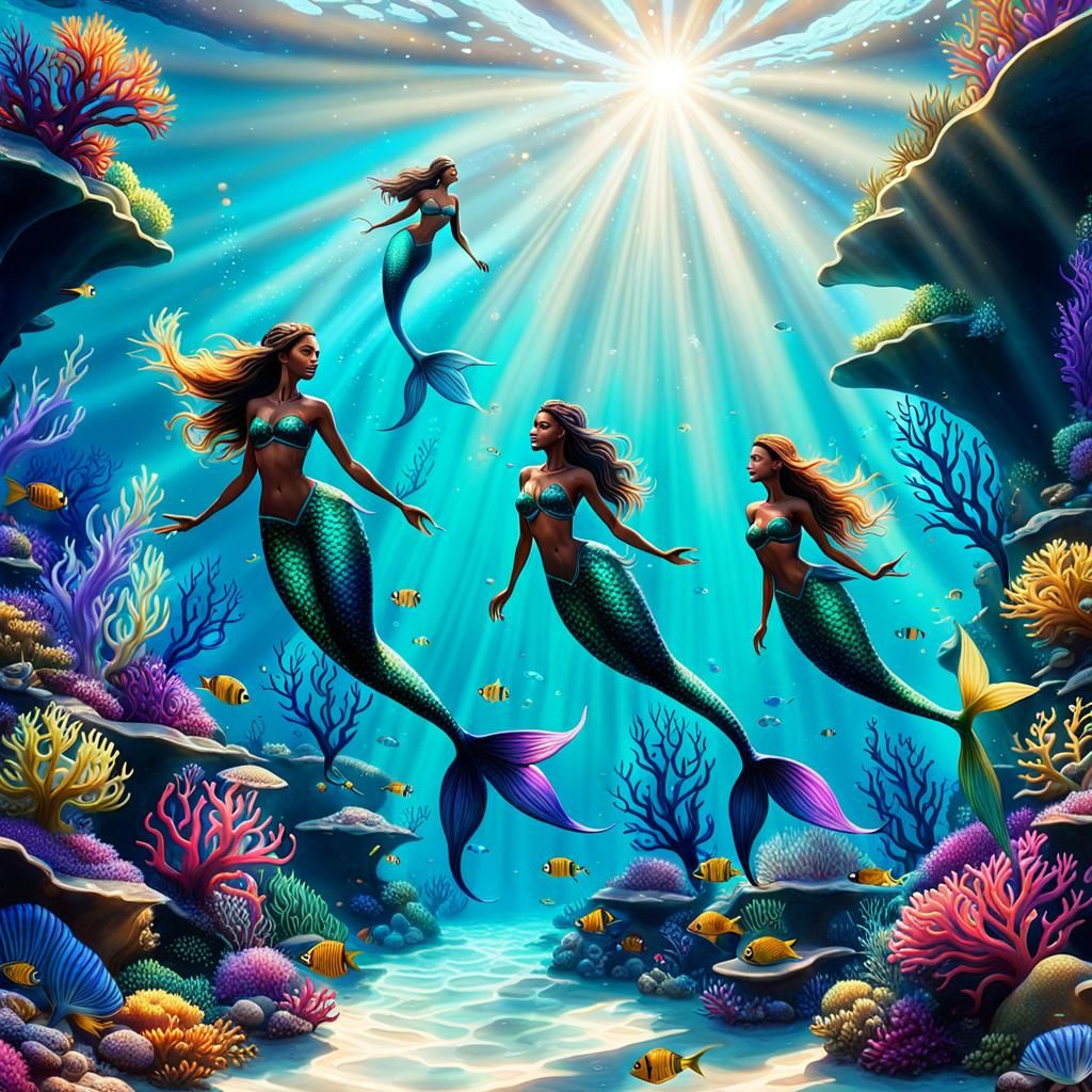 Mermaids Swimming in a Vibrant Underwater World