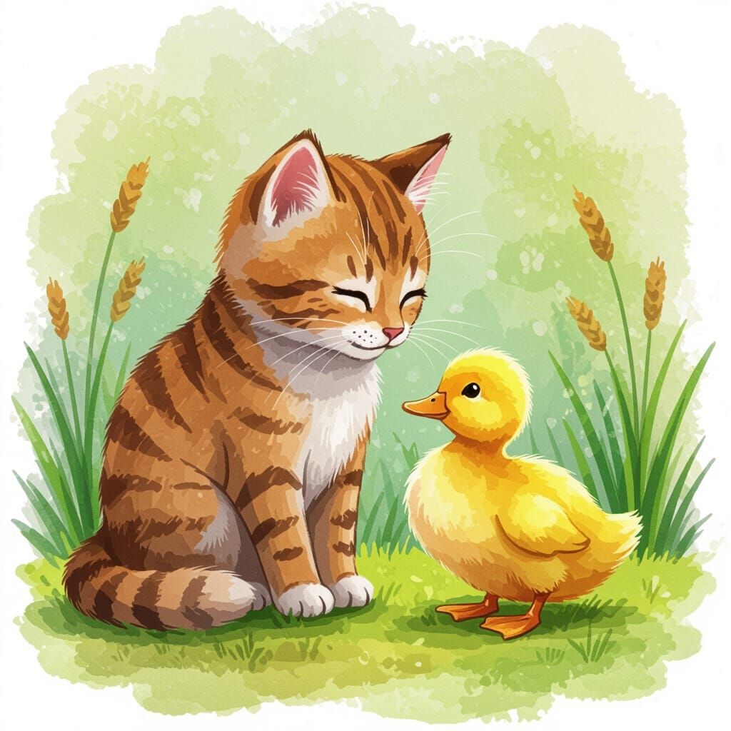 Cat Tends to Duckling in Whimsical Watercolor Style
