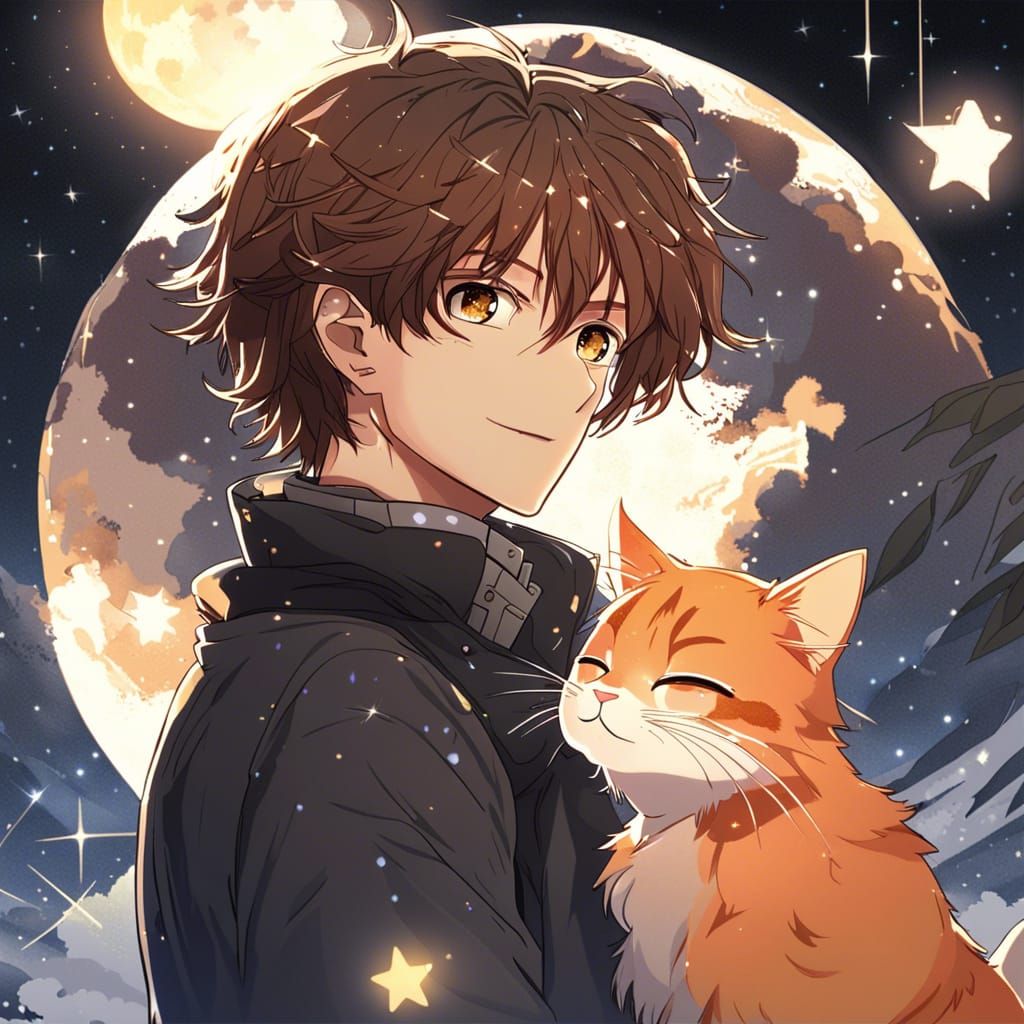Anime Man with Cat Under Starry Moon