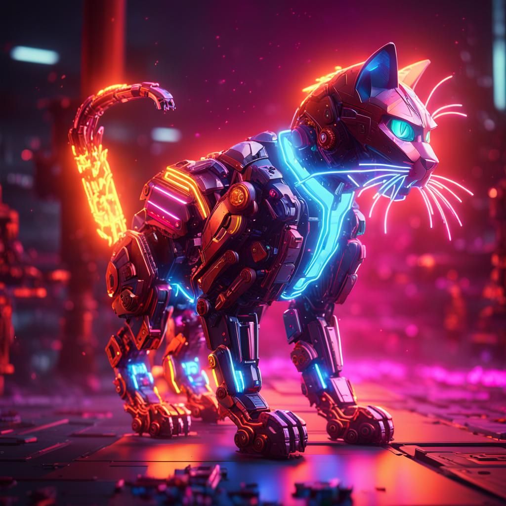 Neon Cat on Fire: Futuristic Sci-Fi Art