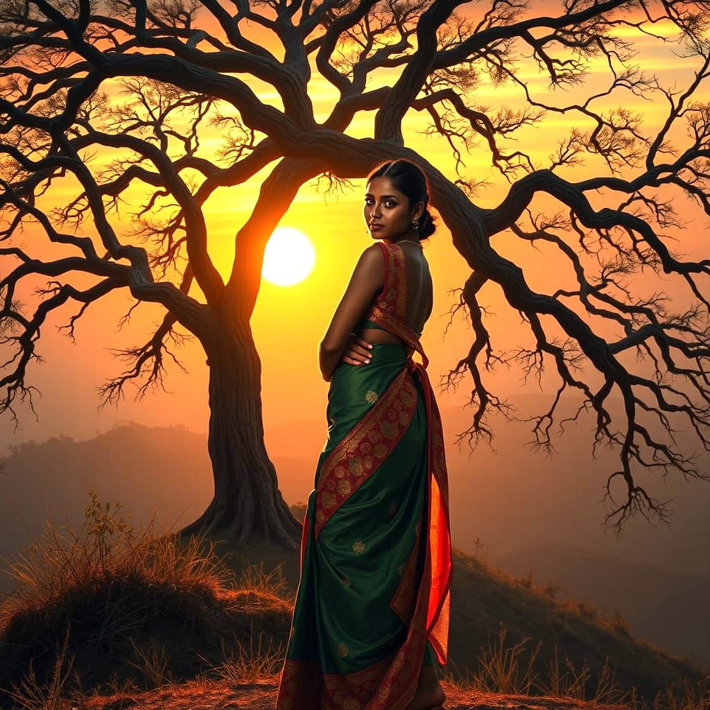 Dark-Skinned Young Woman in Saree, Contemplating Sunset
