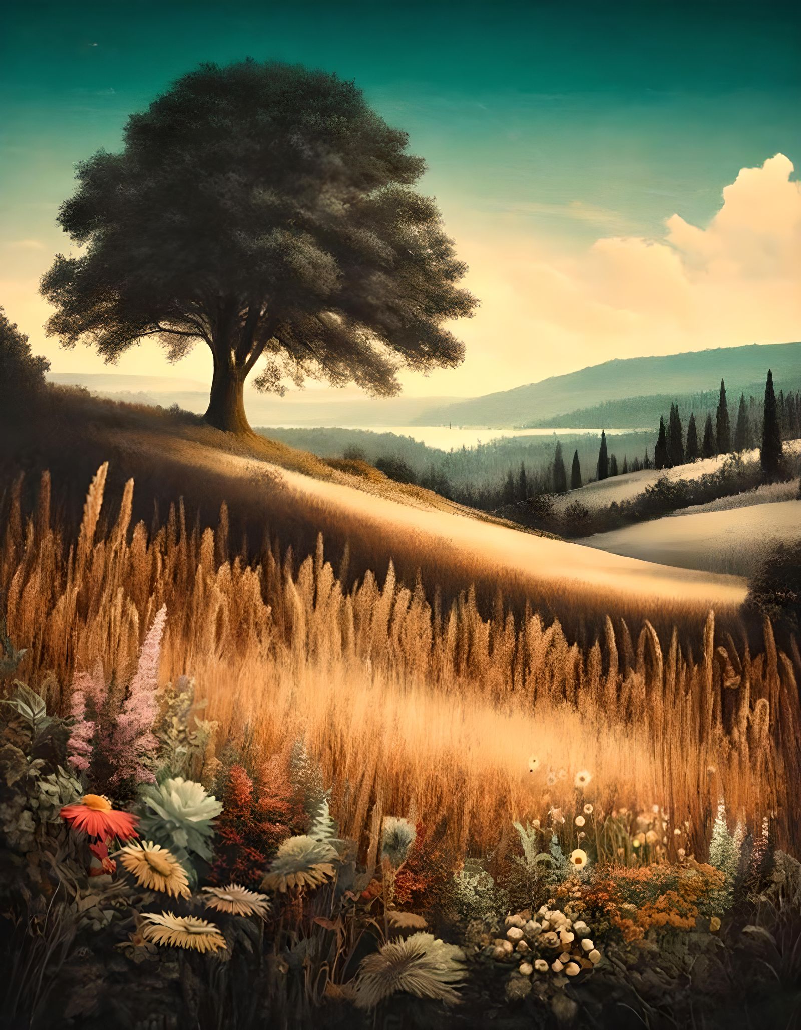 Vintage Landscape with Rolling Hills and Solitary Tree