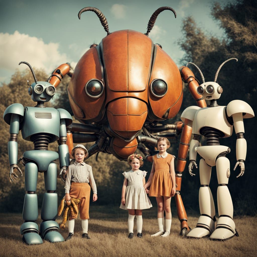 Folkloric Robots Family in Retro Style