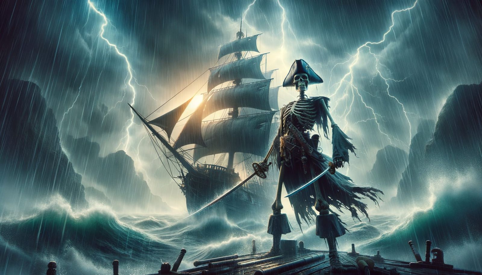 Skeleton Pirate Captain in Sea Storm: Cinematic Digital Art