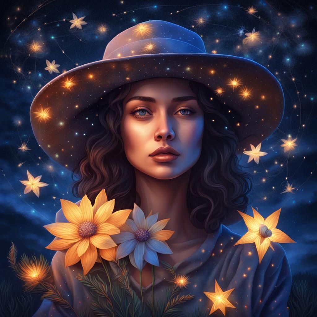 Woman with Glowing Flowers Under Astral Sky