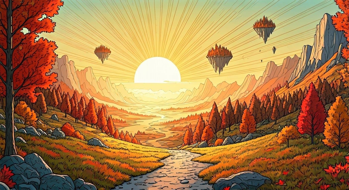 Whimsical Autumnal Valley with Floating Islands: Doodle Art