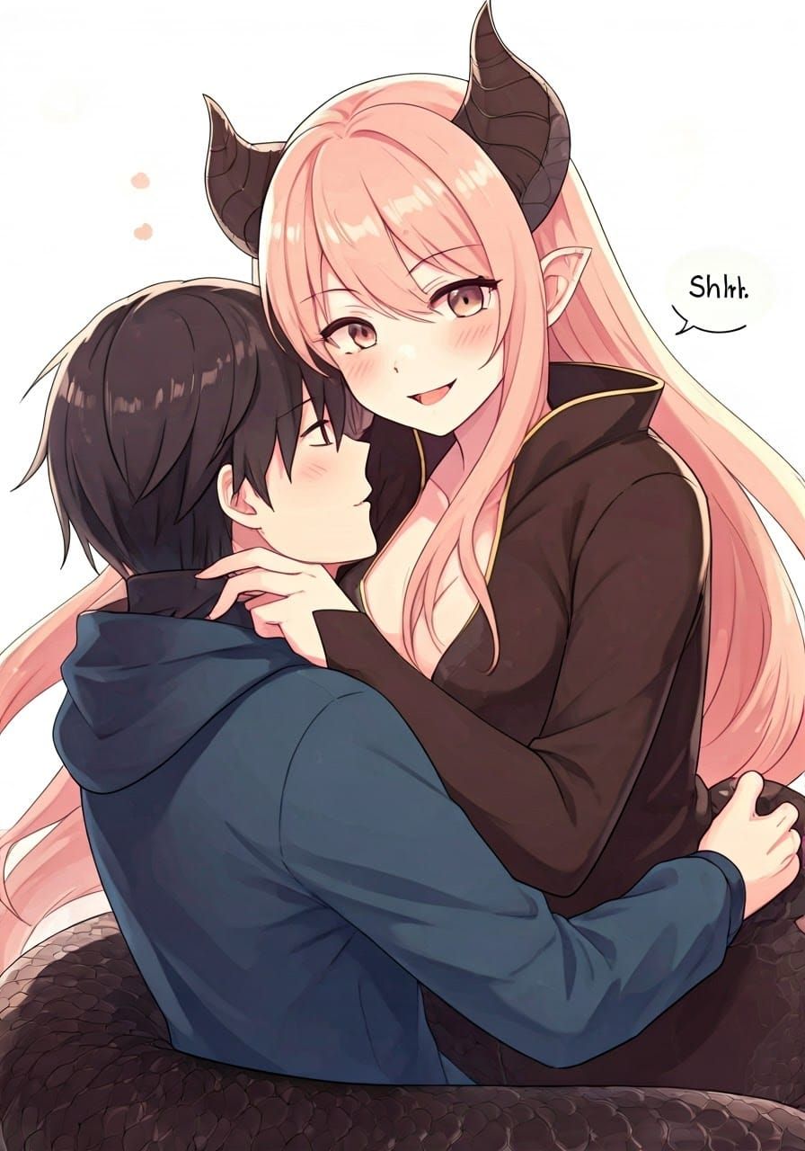 Chibi Anime Snake Woman's Embrace in Pastel Watercolors