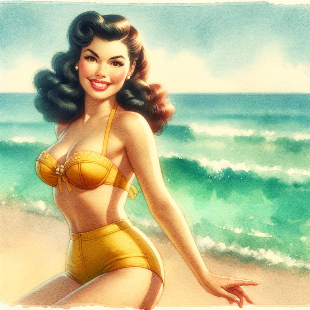 Vintage Chic Beach Siren in Watercolor Style