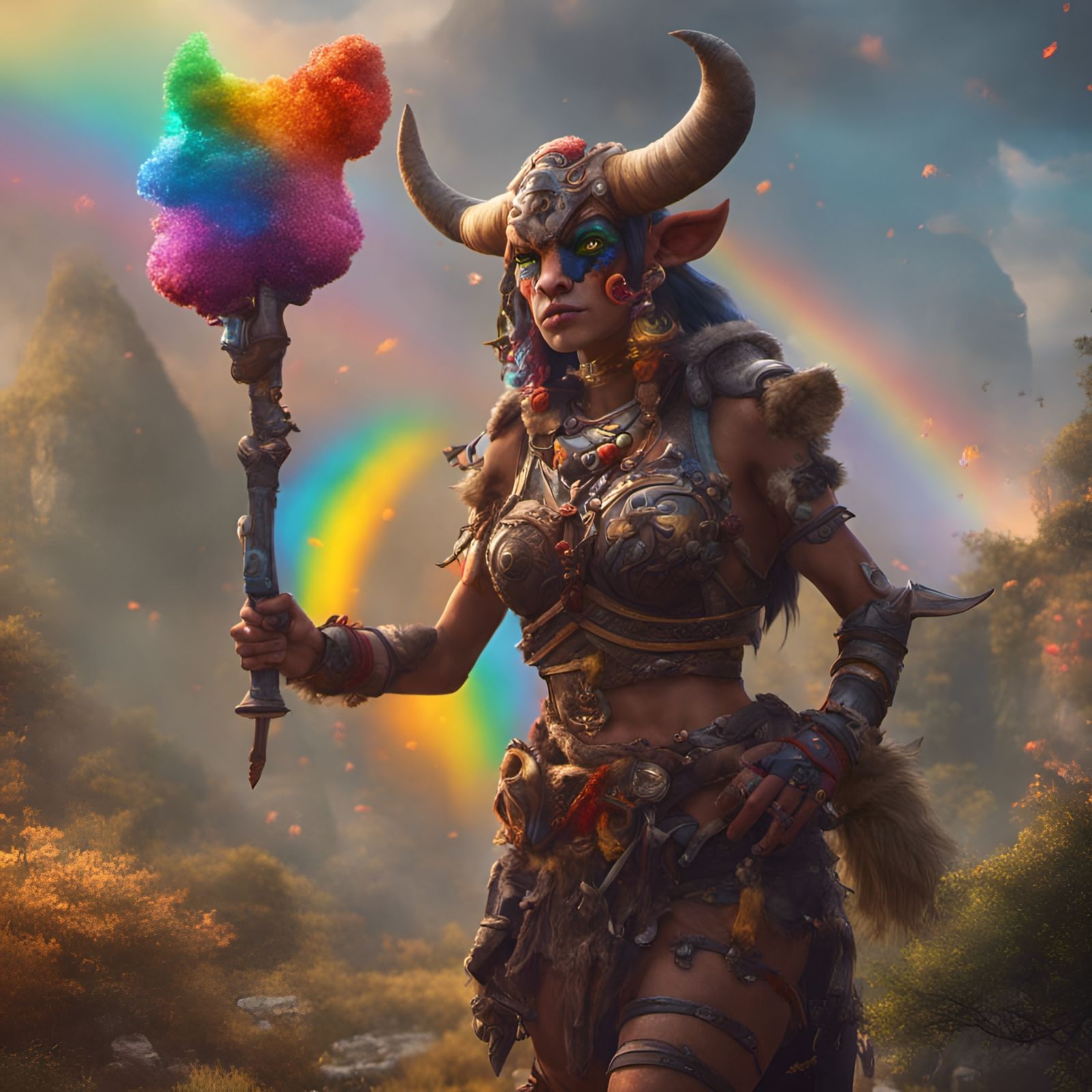 Tauren Warrior Hybrid Holding a Rainbow, Digital Art