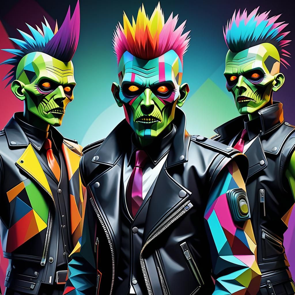 Cubist Punk Zombies with Mohawks in Art Deco Style