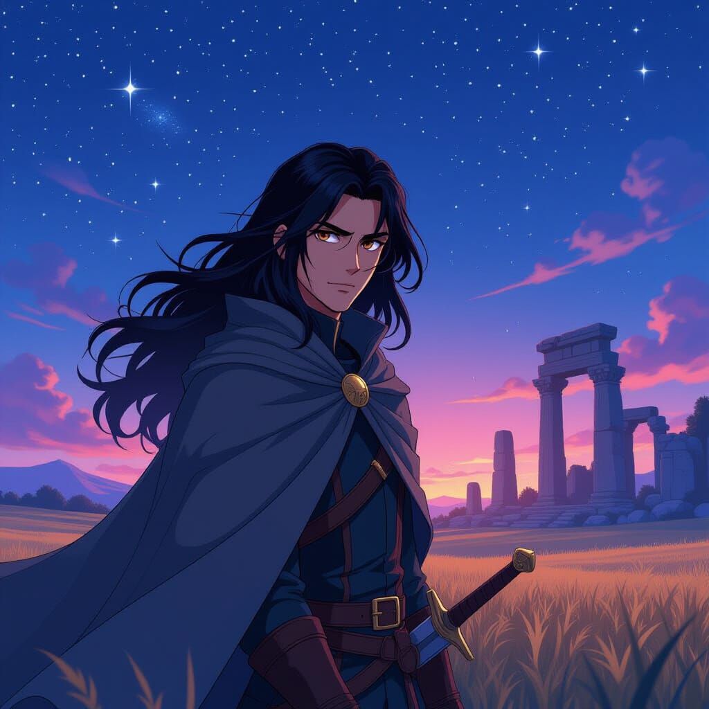 Anime Warrior in Ruins Under Starry Night Sky