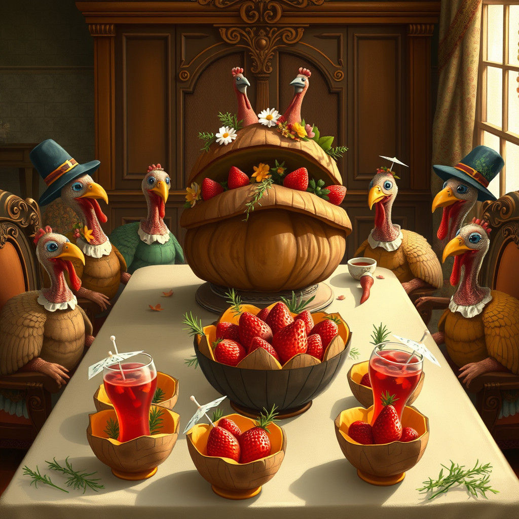 Thanksgiving Feast with Pilgrim Turkeys and Mushroom Centerp...
