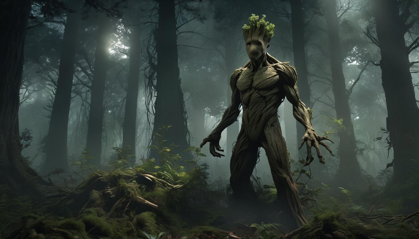 Groot Amidst a Dark Forest's Mystical Glow