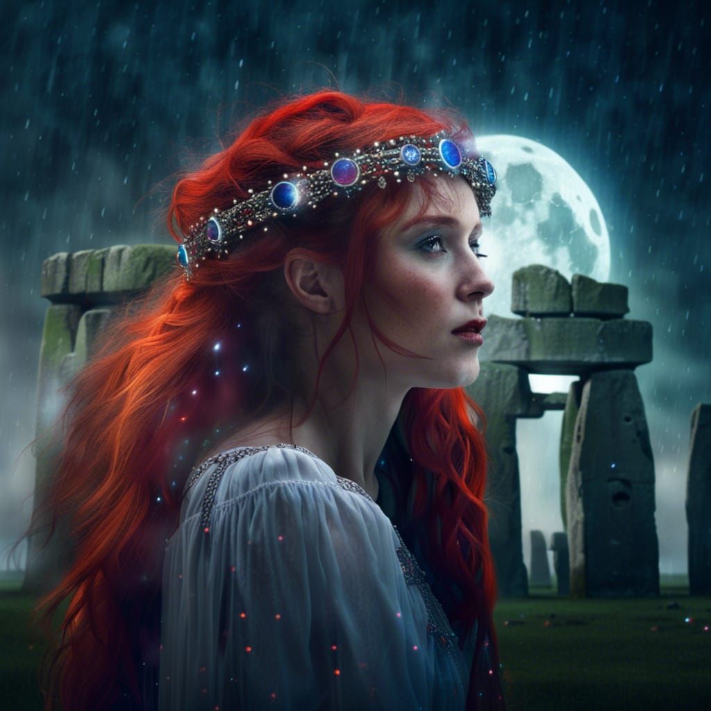 Red-Haired Girl at Stonehenge in Fantasy Art