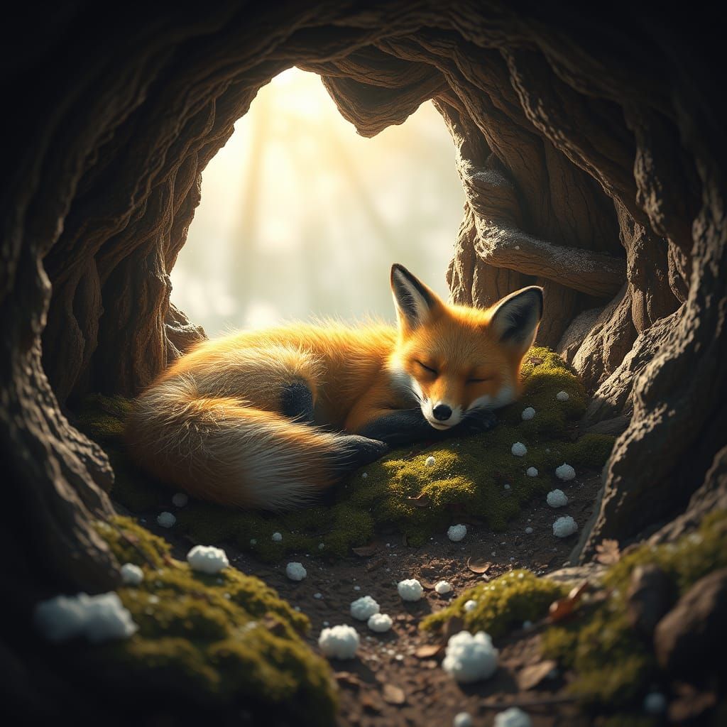 Fox Sleeping in Cozy Winter Den: Fantasy Concept Art