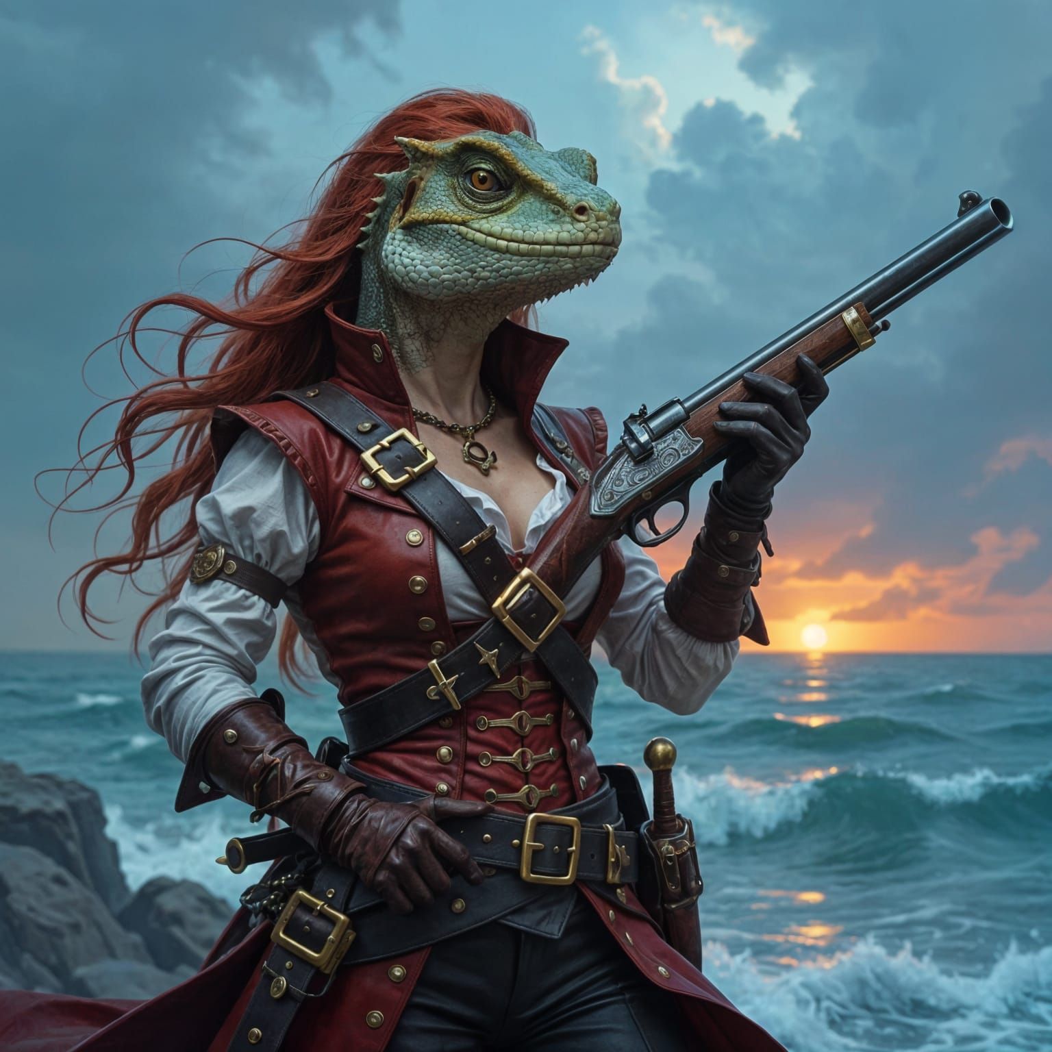 Lizardfolk Swashbuckler Gunman on Stormy Coast
