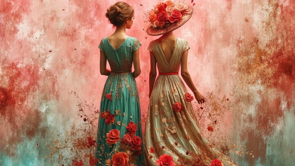 Elegant Women in Floral Dresses, Oil Painting Style