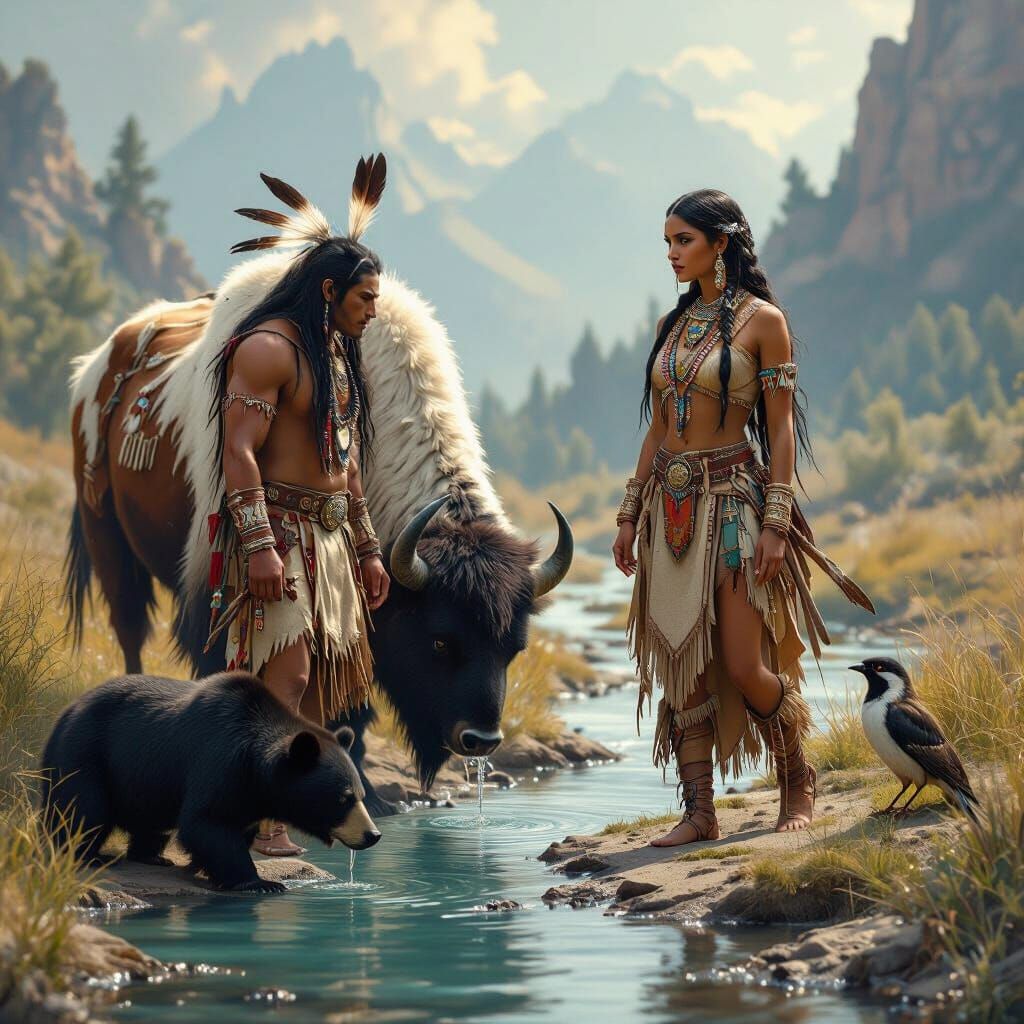 Native American Warrior and Companions by Stream