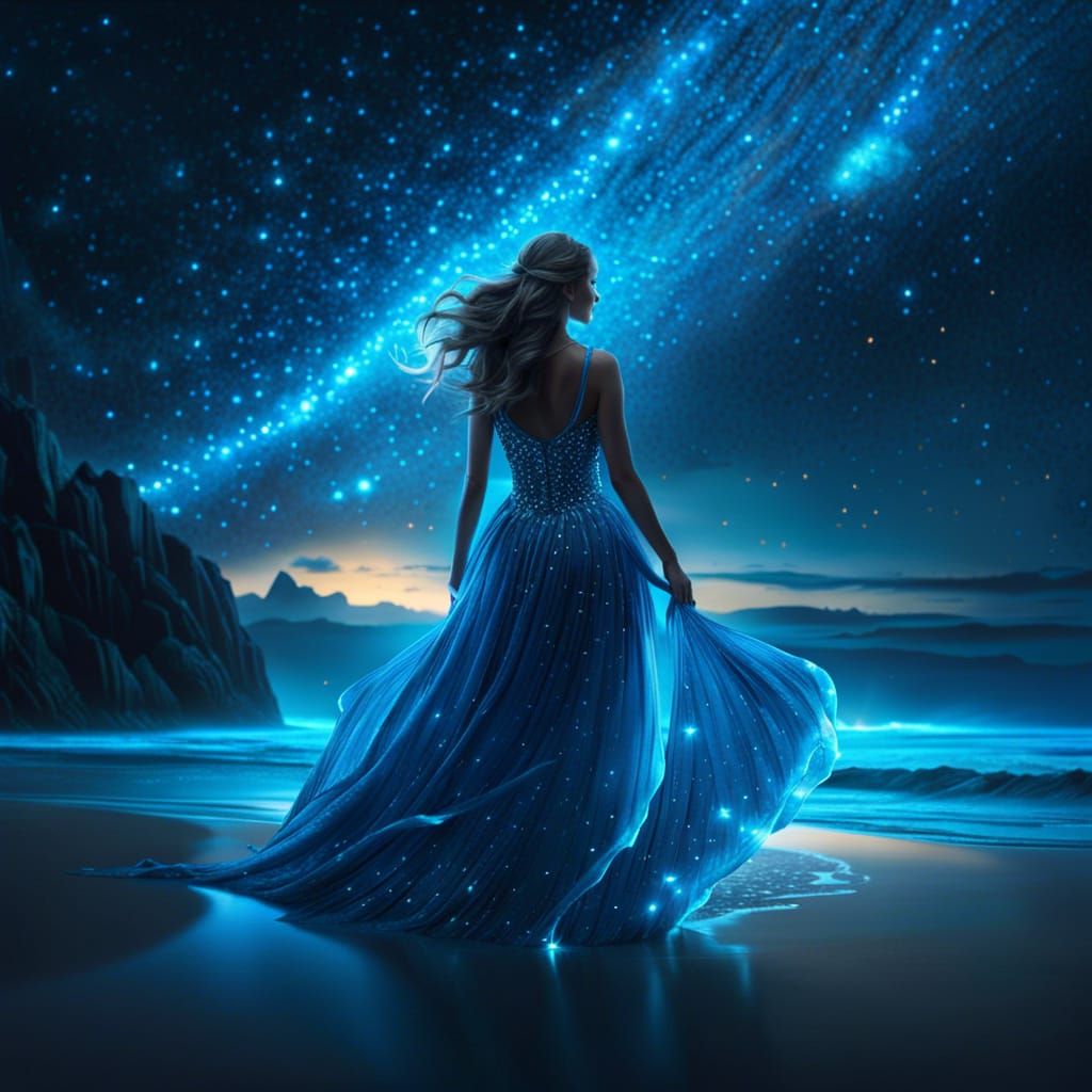 Bioluminescent Girl in Crystal Ocean, Digital Painting