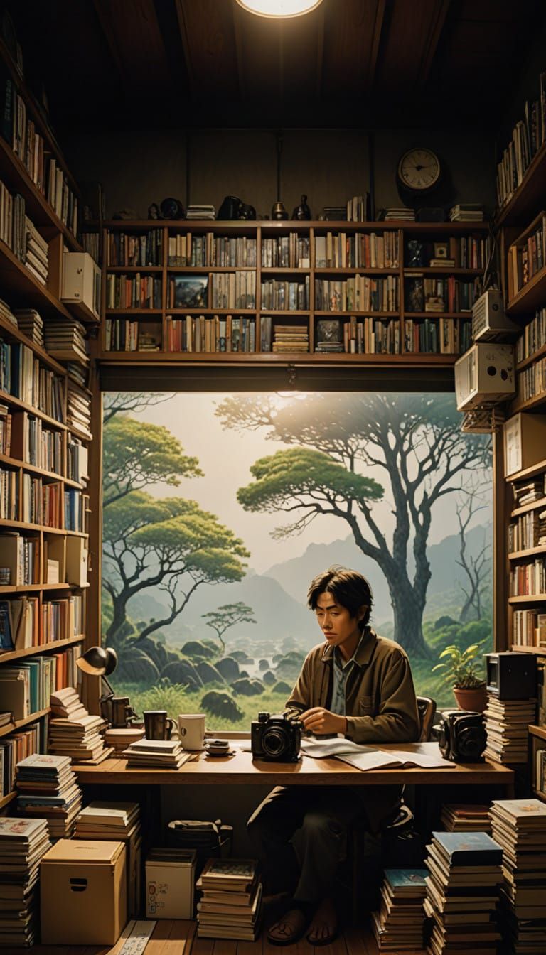 Content Creator in Cozy Study, Warm and Cinematic